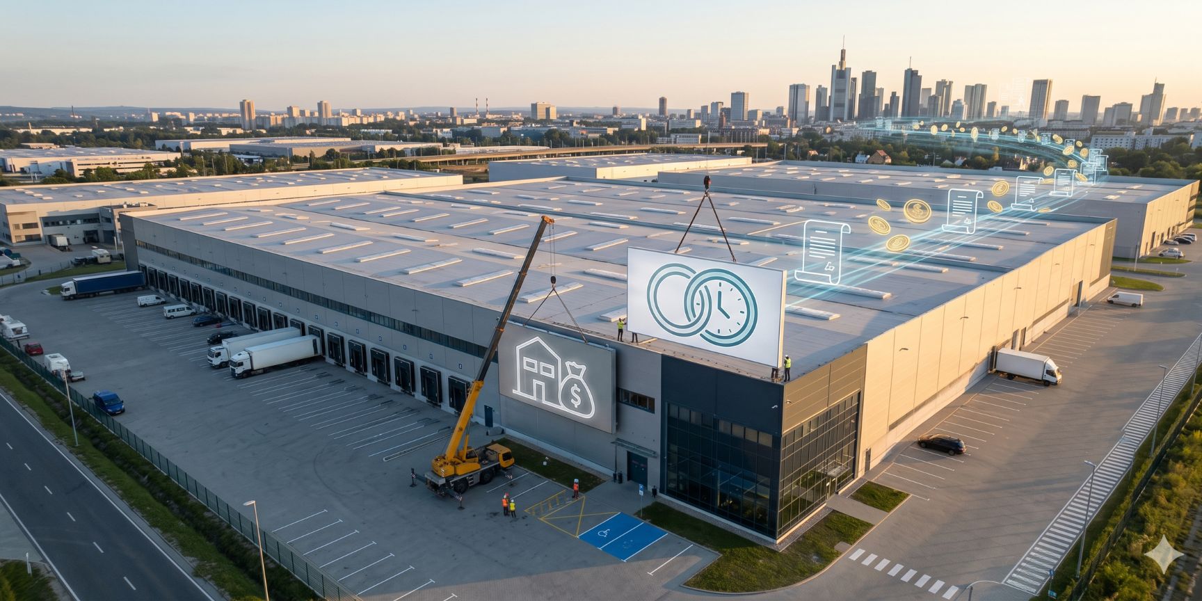 Luftaufnahme eines Logistikzentrums bei Sonnenuntergang: Ein Schild mit einem 